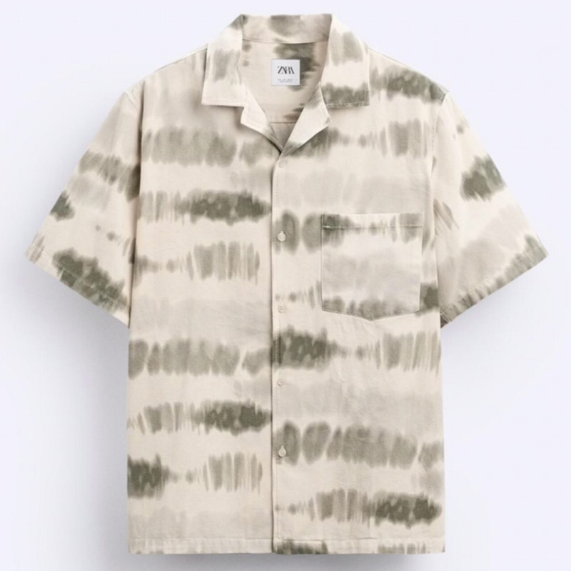 ZARA Men Tie Dye Print Shirt Kemeja Pria Kerah Terbuka Lengan Pendek Green