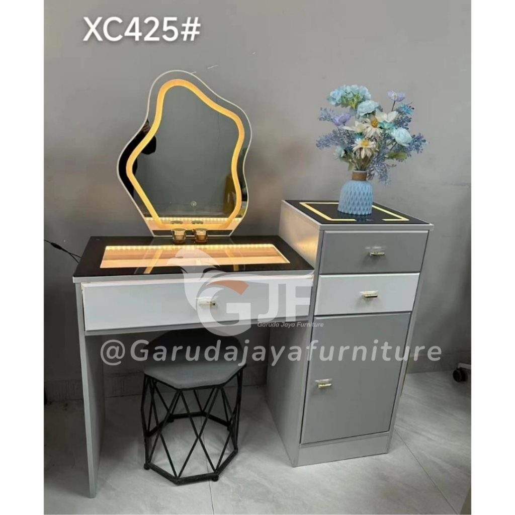 MEJA RIAS CERMIN LED /MEJA RIAS DENGAN STOOL/DRESSING TABLE/MEJA RIAS MINIMALIS PUTIH ABU /MEJA RIAS