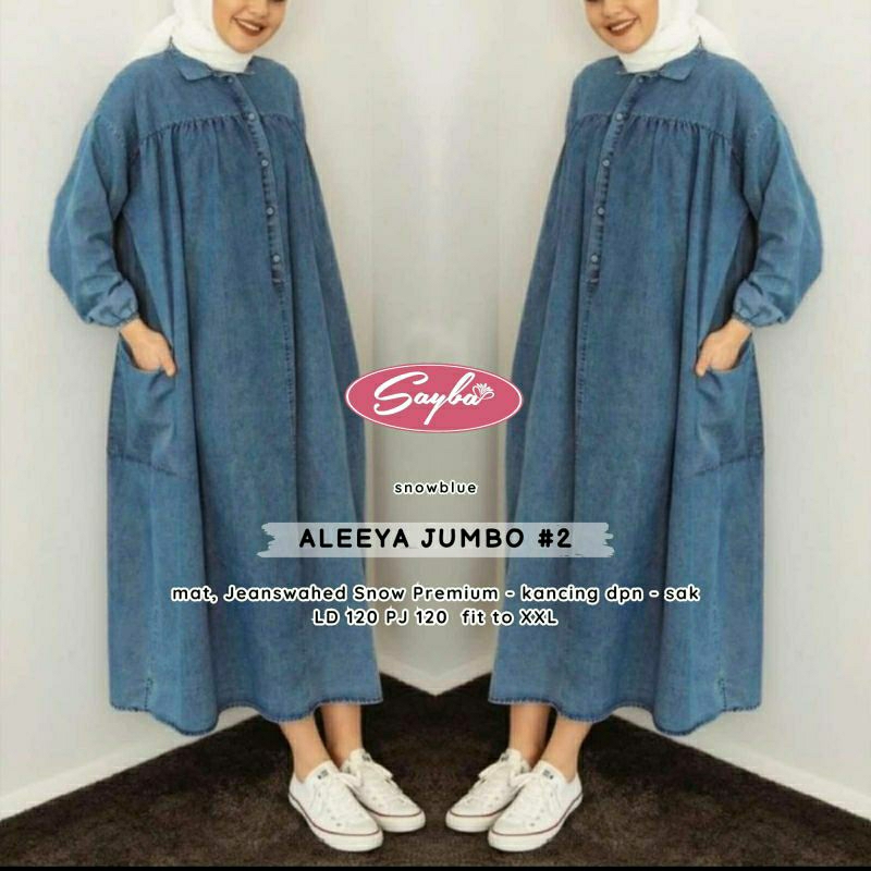 Aleeya Midi Dress Maxy Gamis Polos Hitam Jeans Snow Ld 120 Jumbo Fit XXXL By Sayba