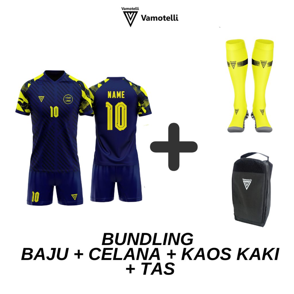 Vamotelli - Paket Bundling Vamotelli Setelan Bola / Futsal : Baju, Celana, Kaos Kaki, dan Tas