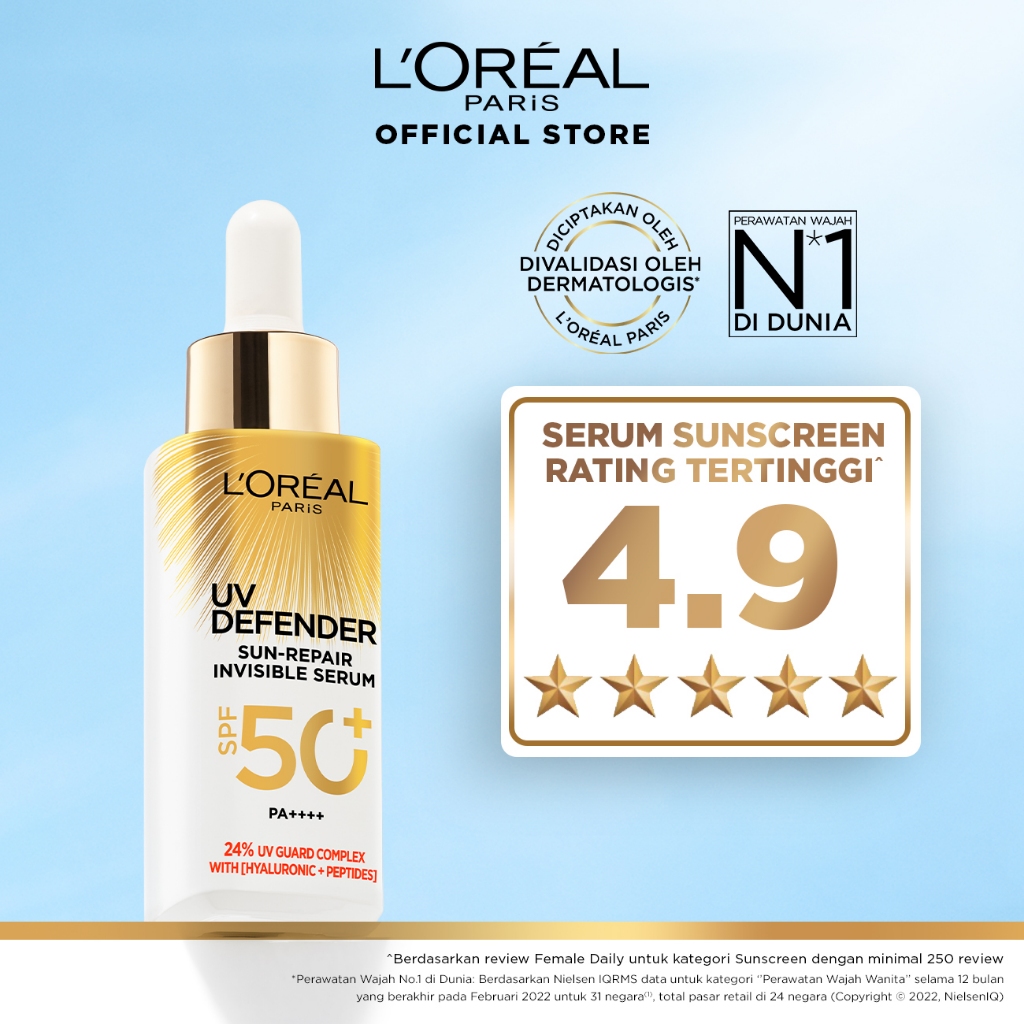 L'Oreal Paris UV Serum Sunscreen SPF 50+ PA++++ - UV Defender Sun-Repair Invisible Serum 2-in-1 Skin