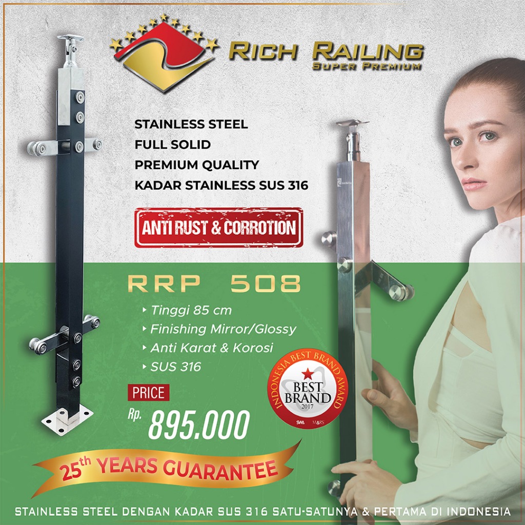 [PREMIUM RAILING SUS 316] [Rich Railing] Railing tangga stainless 316 tiang kaca RRP 508 railing ANT