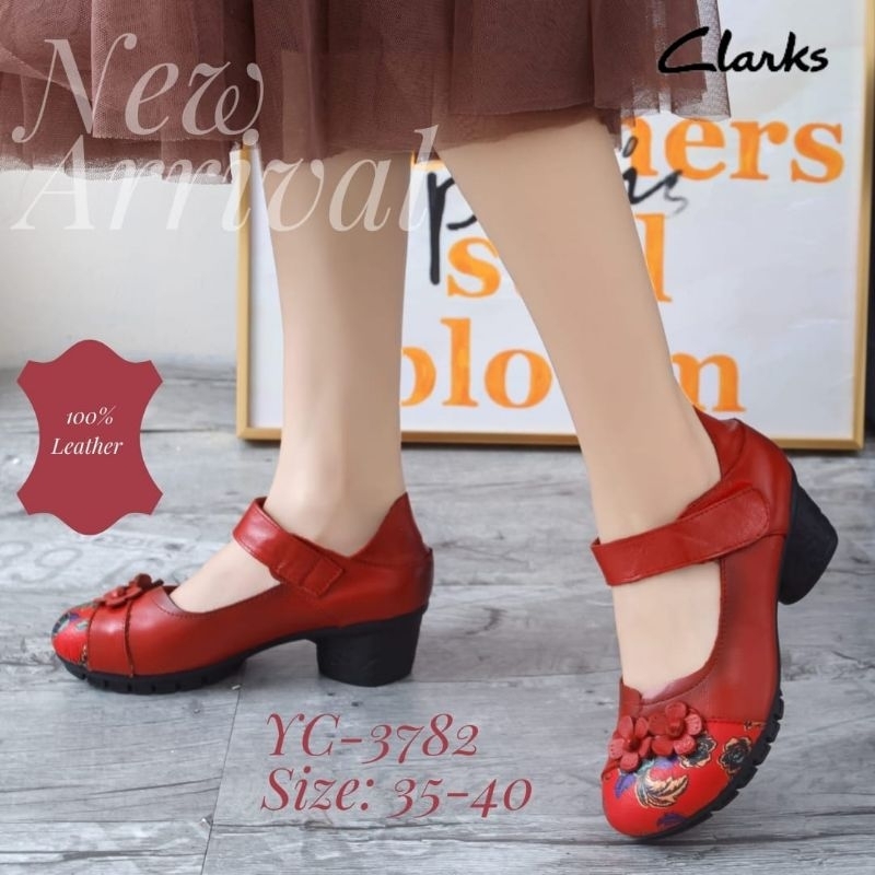 Sepatu Clarks YC3782 Strap Flower Block Heels 5cm / sepatu kerja kantor wanita kulit asli