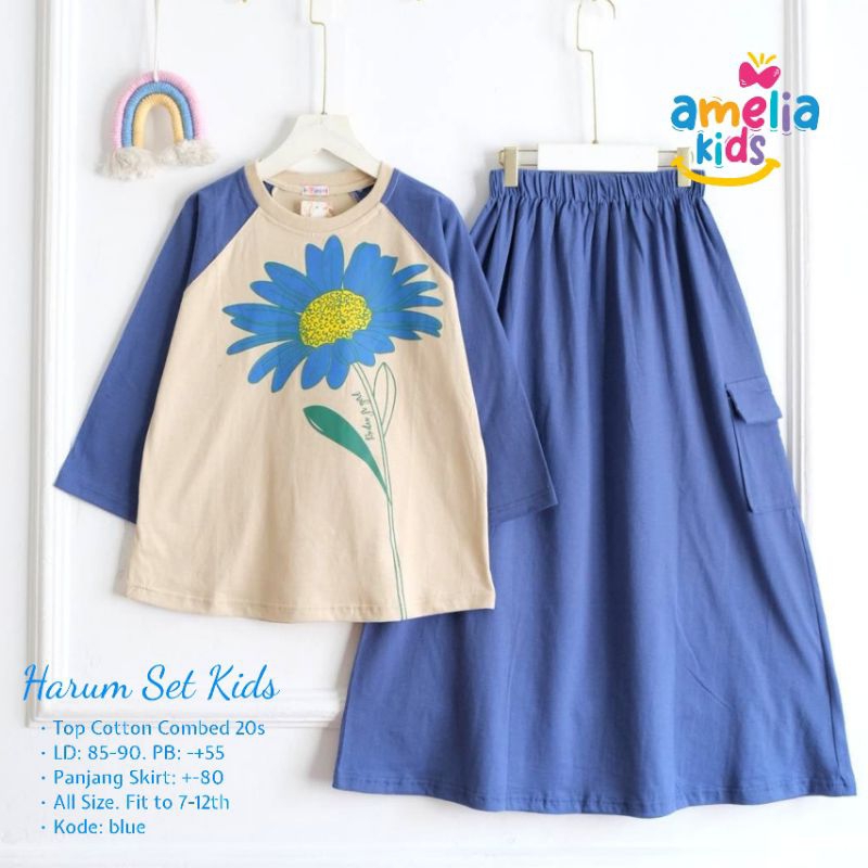 Amelia Kids - Harum Setelan Baju Anak Perempuan Rok Cargo Bahan Katun mix Atasan kaos sablon bunga