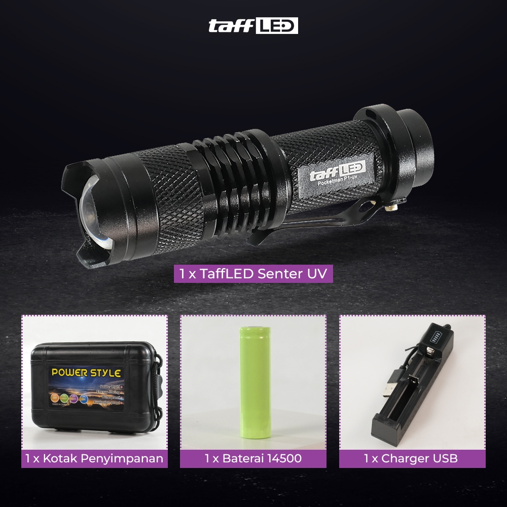 PAKET SENTER UV - TaffLED Senter LED 395nm Ultraviolet + Baterai + Charger + Box Pocketman P1 p1uv