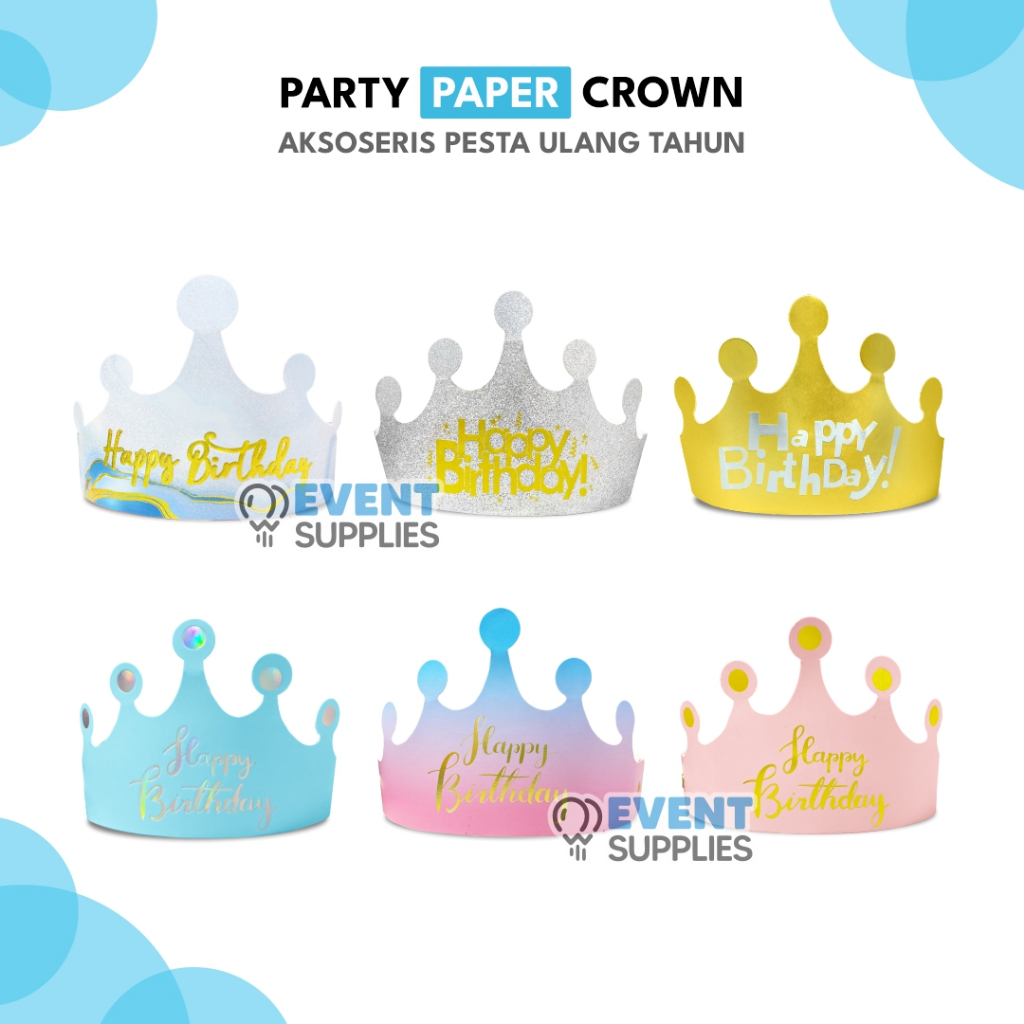 Mahkota Crwon HBD Lipat Kertas Tebal / Topi Mahkota Ulang Tahun / Topi Mahkota Kertas Perlengkapan U