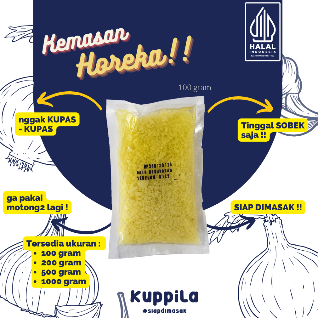 

Kuppila - Bawang Putih Cincang dalam Minyak ( pouch 100 gram, 1 karton isi 24pcs ) - kemasan HOREKA