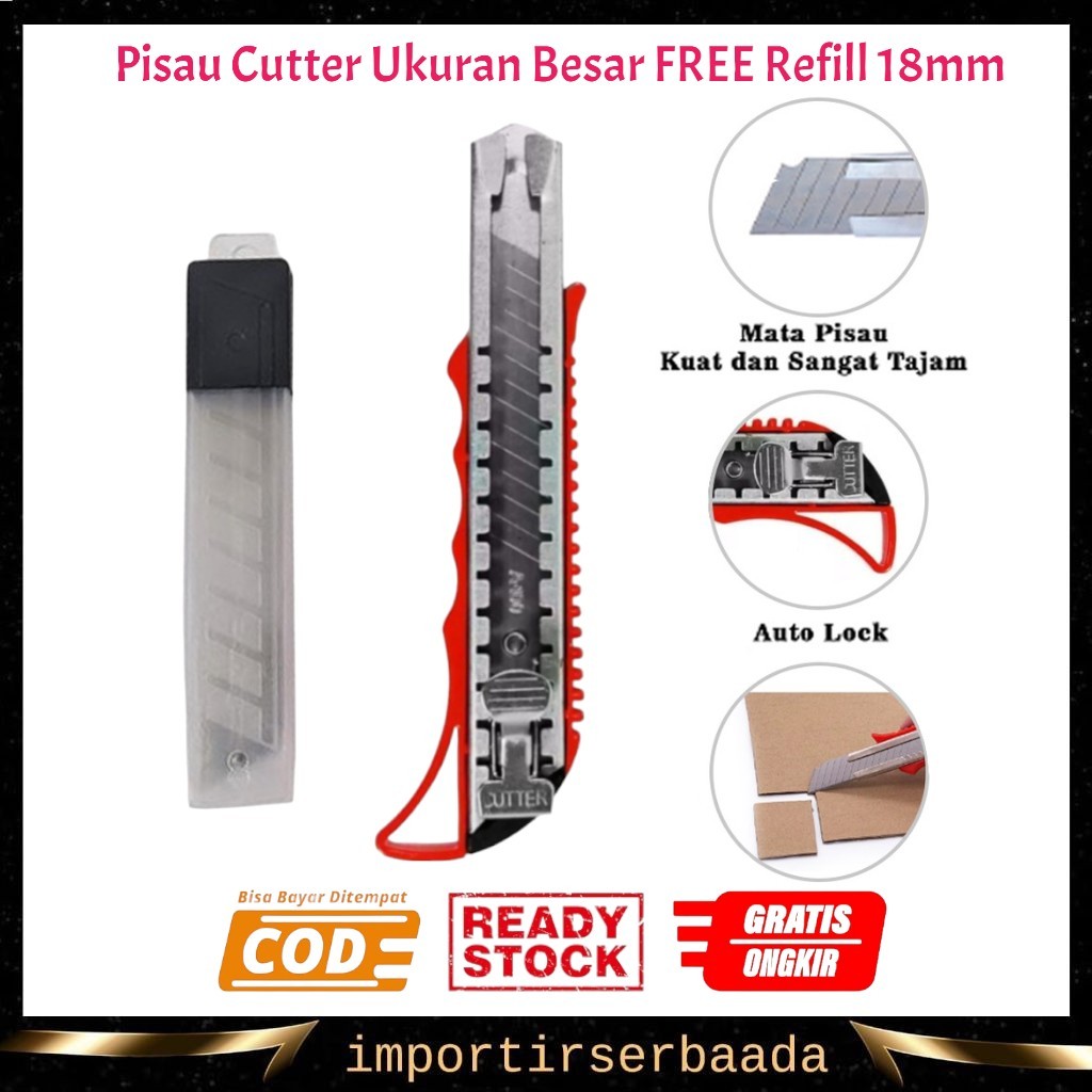 

IMP- Pisau Cutter Ukuran Besar FREE Refill 18mm Kater Pemotong Kertas Super Tajam Cuter Alat Potong Kardus Plastik Silet