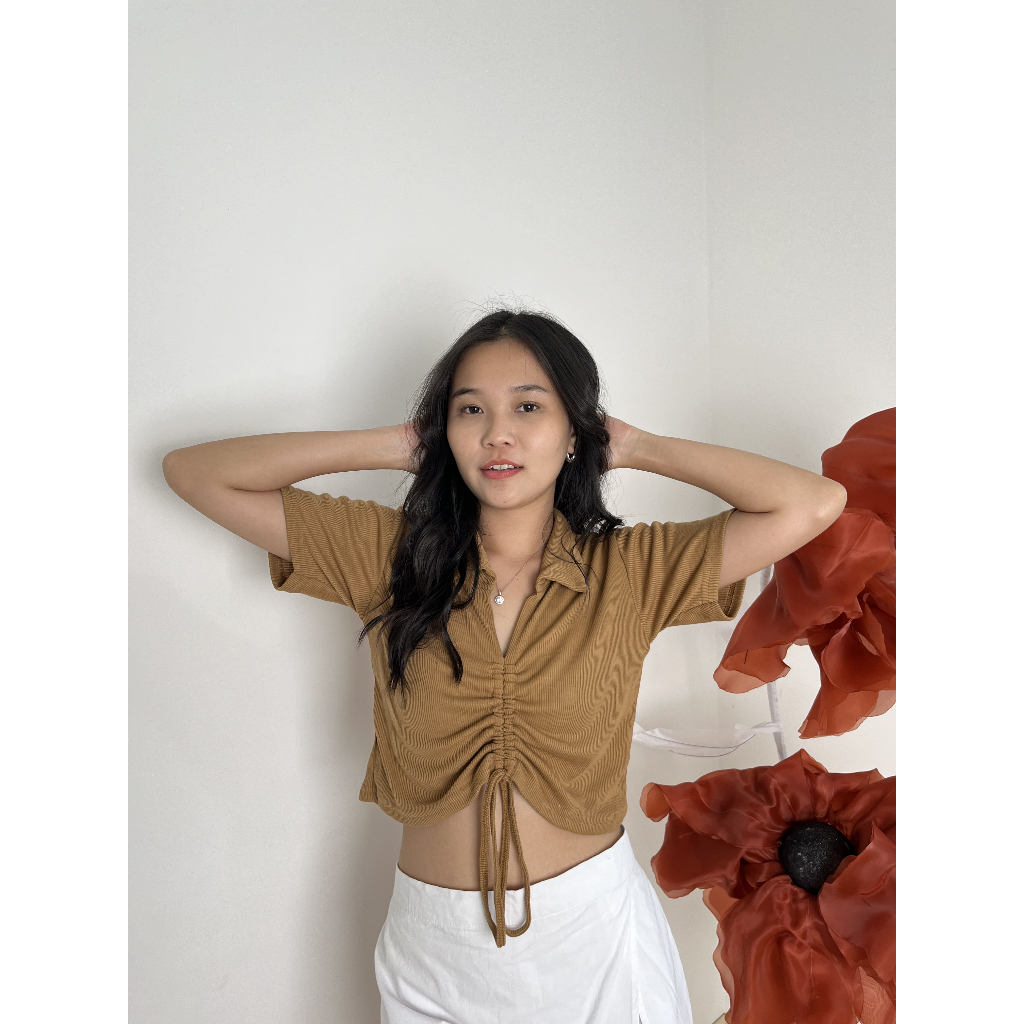 [Lolabae] VIERI Baju Atasan Wanita | Atasan Berkerah Wanita | Polo Tali Serut Wanita | Casual Crop T