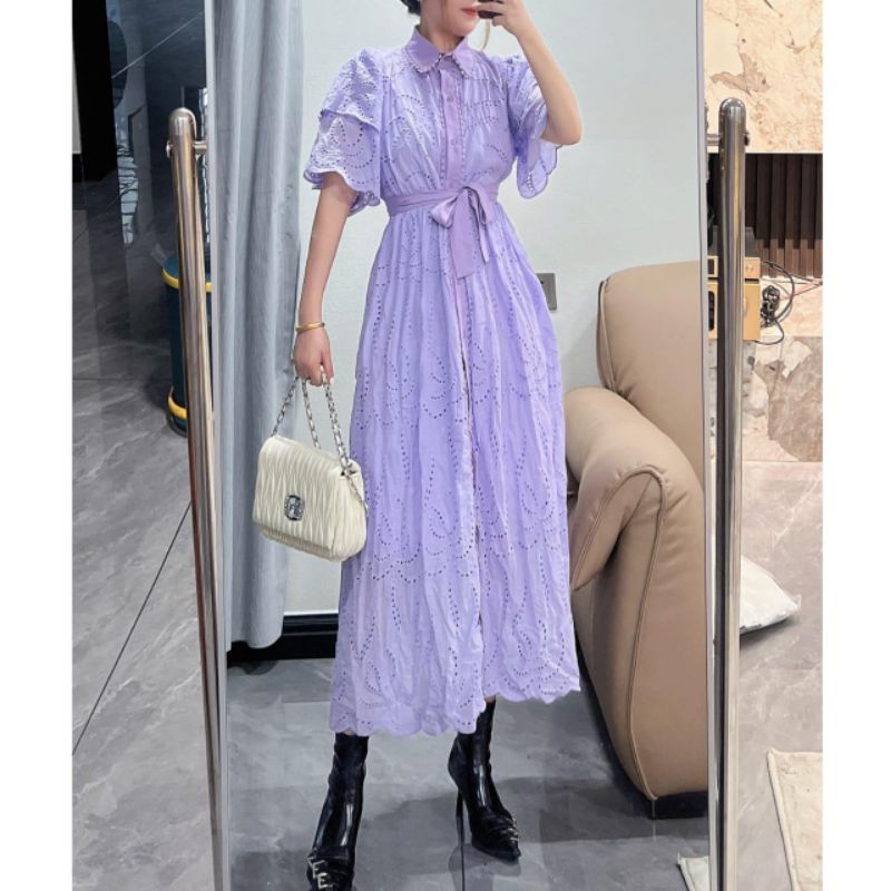 59007 Baju mididress GILMARY EMBROIDERY COTTON KATBOL MIDI DRESS katun bolong dres Korea Korean styl