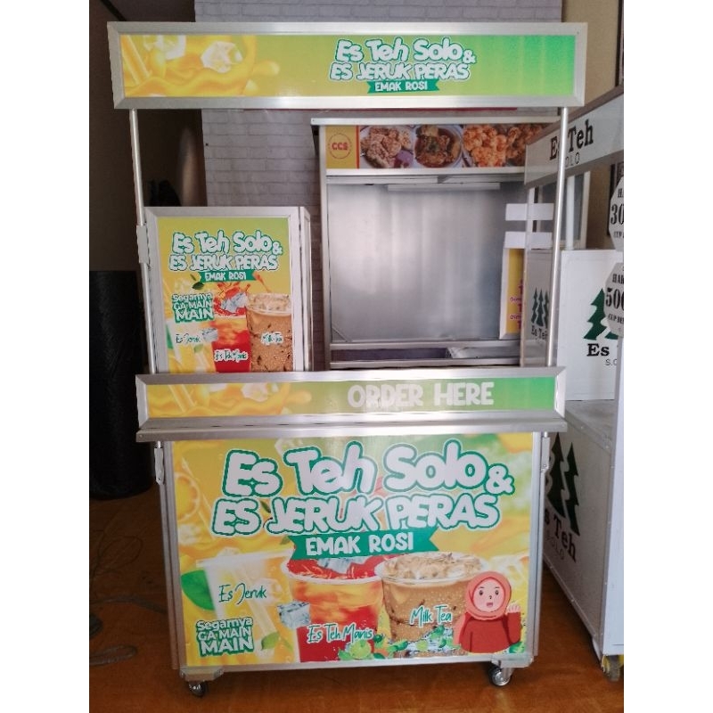 Booth Portable Meja Lipat Rombong Es Teh ukuran 120x60 dilengkapi Roda + Kotak tutup dispenser + pin