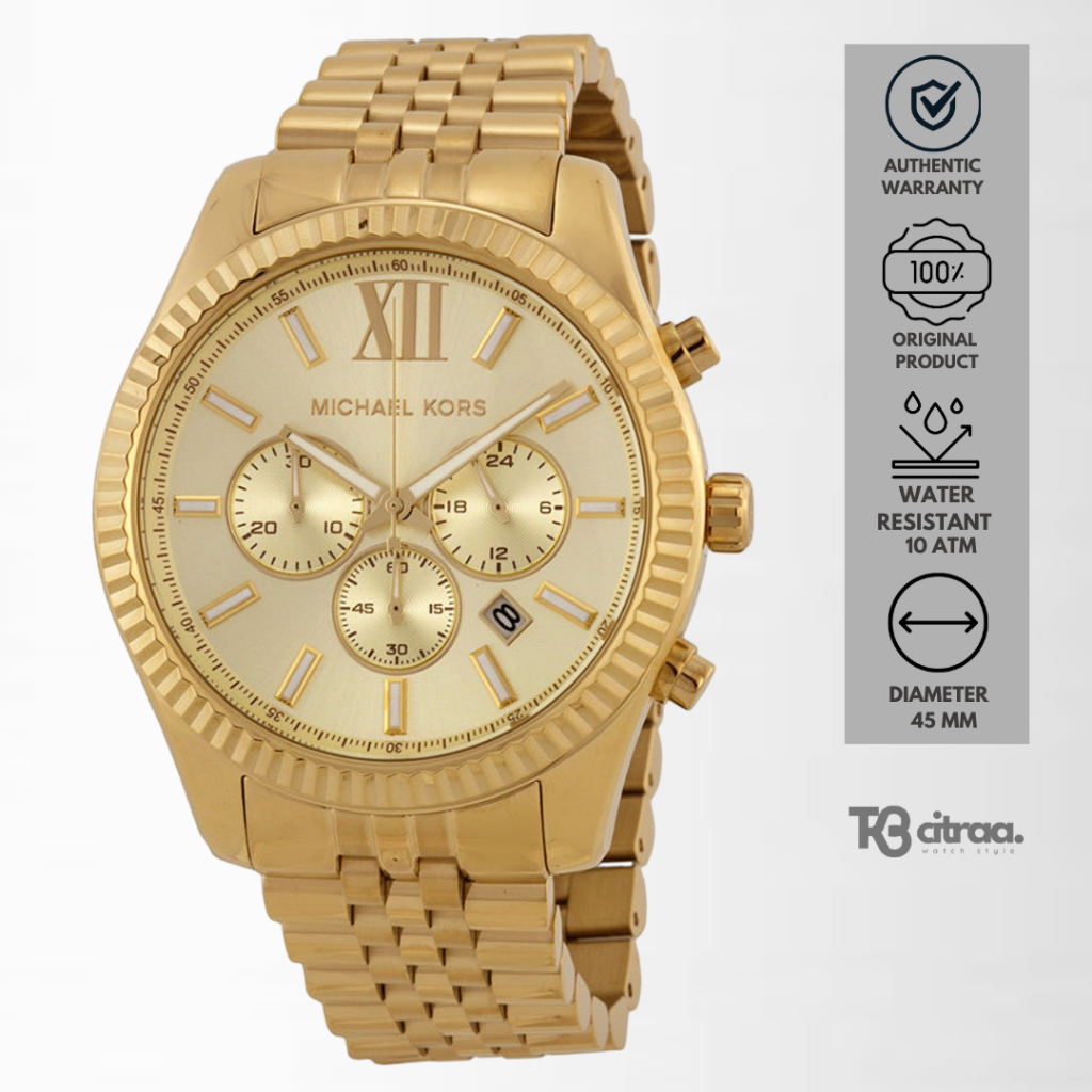 jam tangan fashion pria Michael Kors Lexington analog strap rantai Chronograph gold Stainless steel 