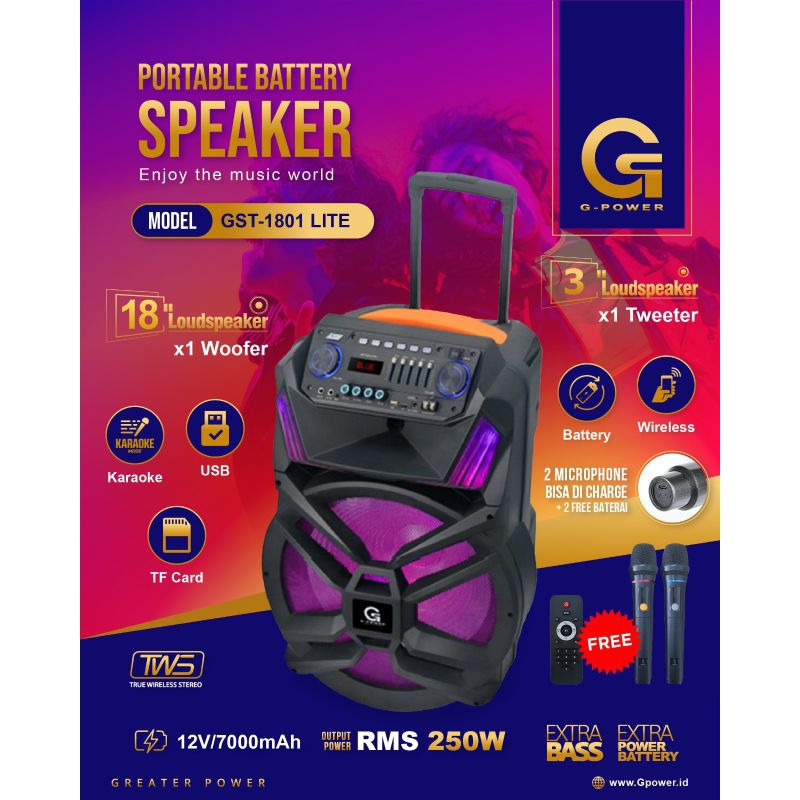 SPEAKER PORTABLE MERK G-POWER MODEL GST-1801 LITE UKURAN 18INCH+2mic wireless bawaan +remote bawaan 