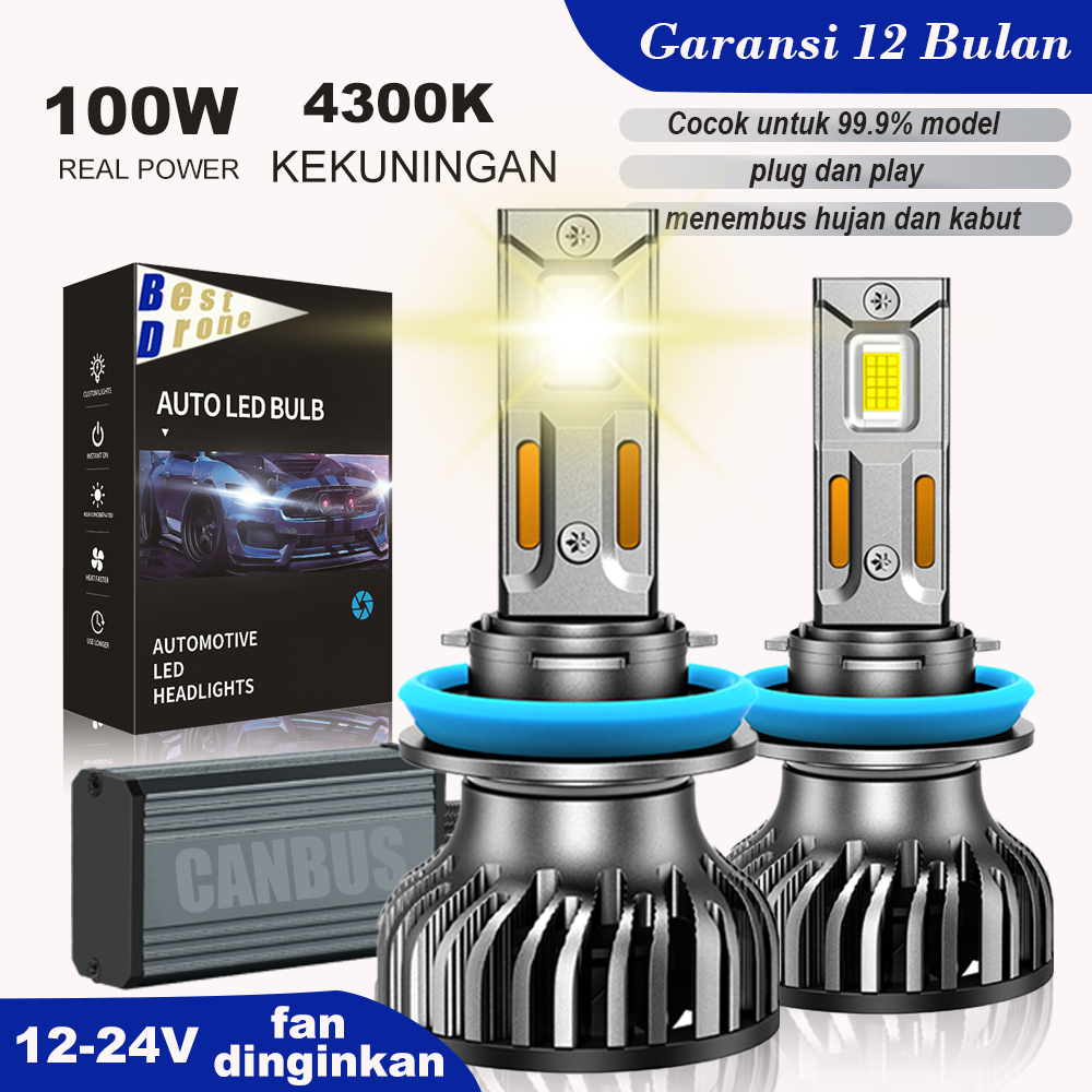 BD 2pcs 100W kekuningan 4300k H4 LED lampu depan mobil H1 H3 H7 H11 9005 HB3 9006 HB4 9012 HIR2 PNP