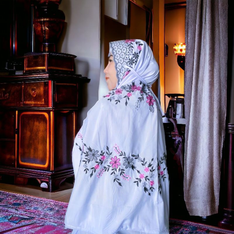 Mukena Terusan Dewasa Bordir Kain Katun Grade A Mukena Lajuran / Lajur