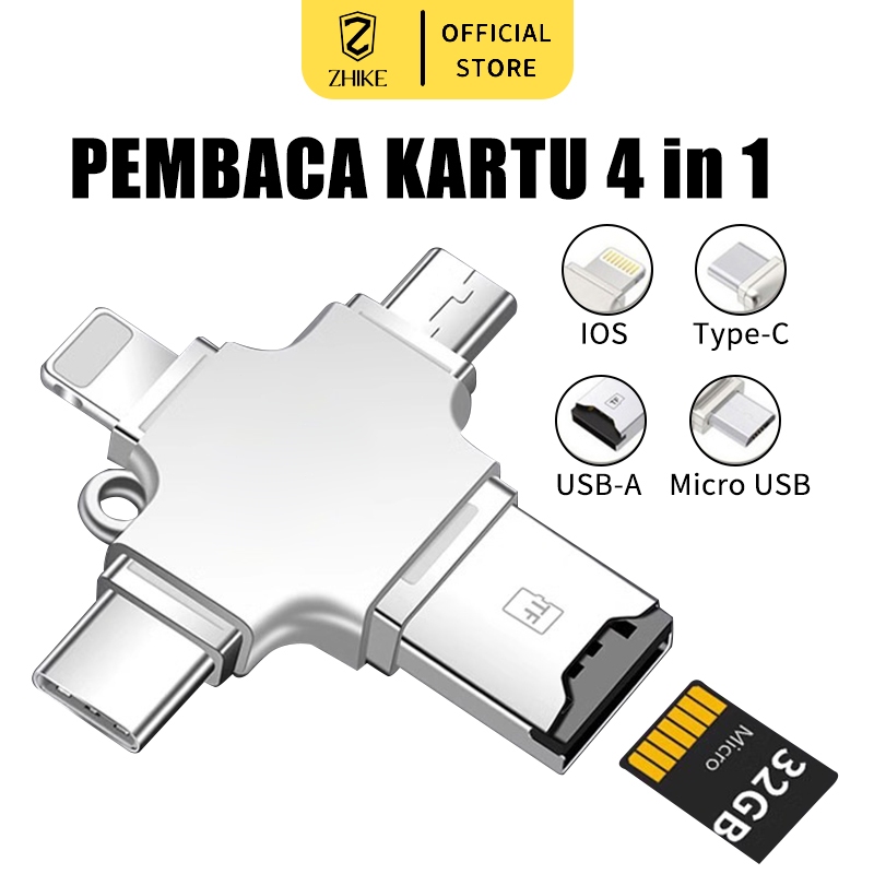 ZHIKE Pembaca Kartu 4 In 1 Kartu Pembaca Memori Mikro TF USB 3.0 OTG untuk Tipe C USB Mikro IOS Ke A