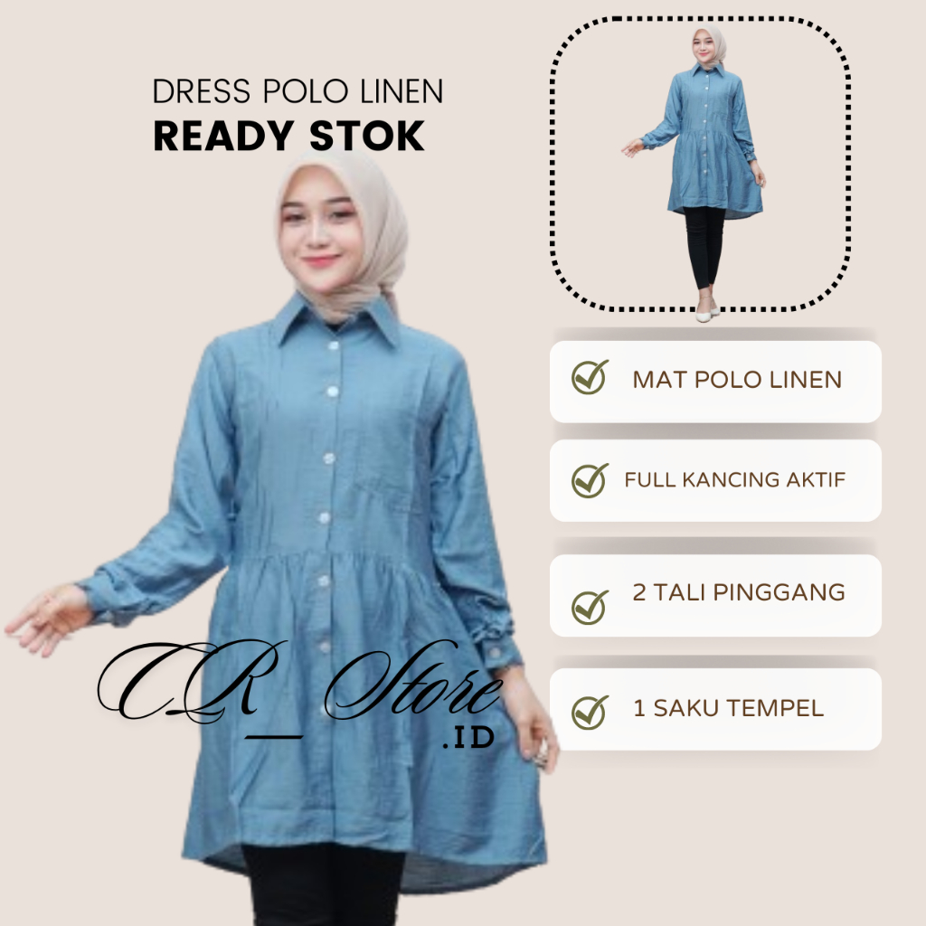 Nafasya Dress Tunik Kemeja Wanita Polo LInen PolosFull Kancing Busui