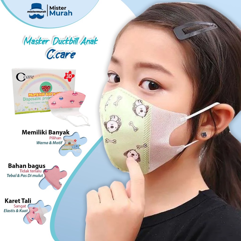 SPONTAN Masker Duckbill Anak C Care Earloop 3ply Box Isi 5 Pcs CCare Karakter