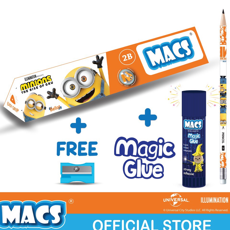 

FUN BUNDLE Macs 2B pensil segitiga hitam MINION dan Magic Glue Stick c O5F2