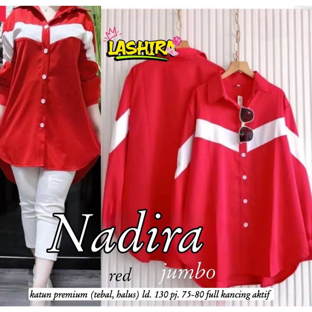 Nadira baju atasan blouse kemeja wanita jumbo ld 130 katun premium motif polos merah putih agustusan
