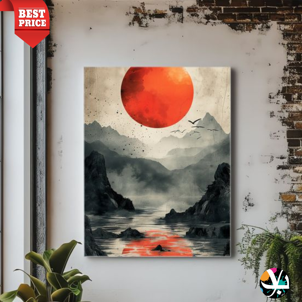Lukisan kanvas bulan dan pegunungan - lukisan kanvas nuansa jepang - lukisan tangan plus frame