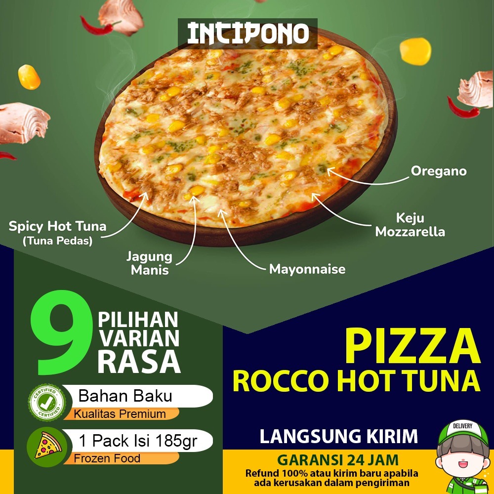 

Incipono Pizza Rocco Hot Tuna Rasa Irisan Tuna Pedas Jagung Manis Mayonaise Keju Mozzarella Oregano Isi 185gr Frozen Food Halal Premium Hotel