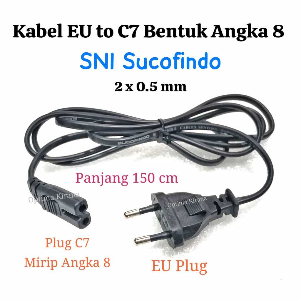 KABEL POWER EU C7 SNI 1.5M 2x0.5mm 150cm Bentuk ANGKA 8 untuk RADIO TV PRINTER CHARGER Proyektor Min