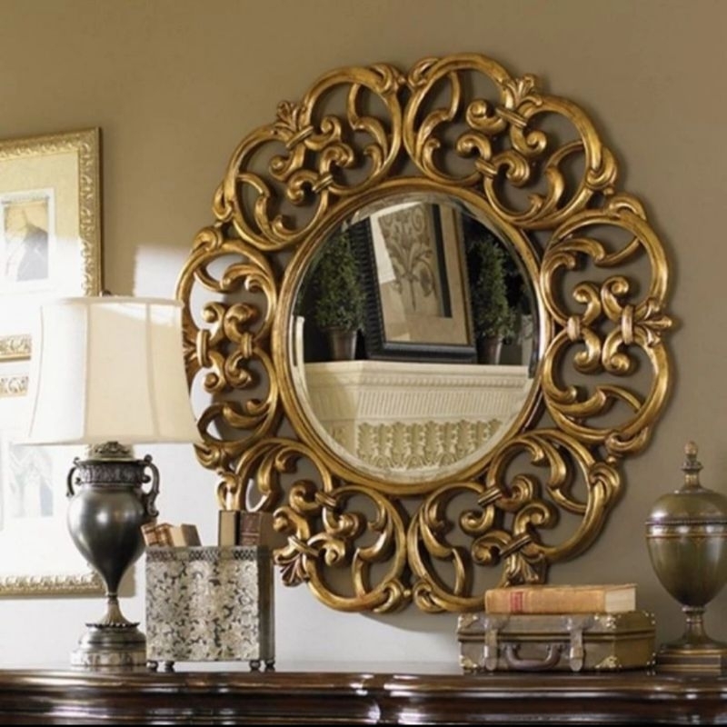 Cermin Dinding Bulat Model Ukiran Kayu Jati