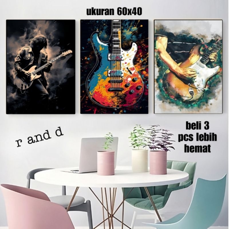 Hiasan dinding kamar gambar gitar ukuran 60x40 bingkai kayu, Dekorasi dinding studio musik ukuran 40
