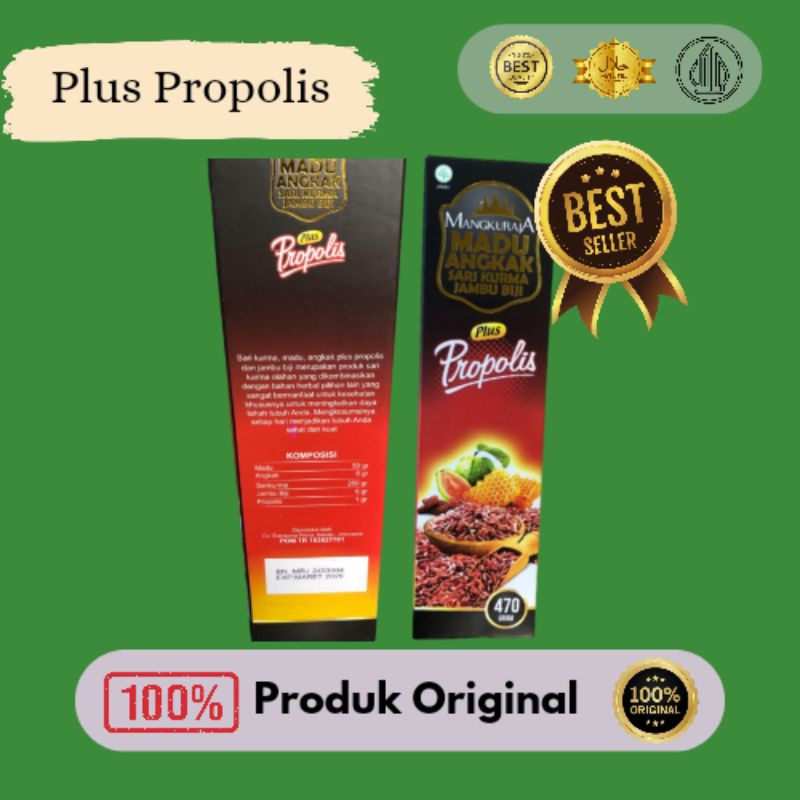 

Plus Propolis" Mangkuraja Madu Angkak Sari Kurma Jambu Biji. Netto 470 gram.