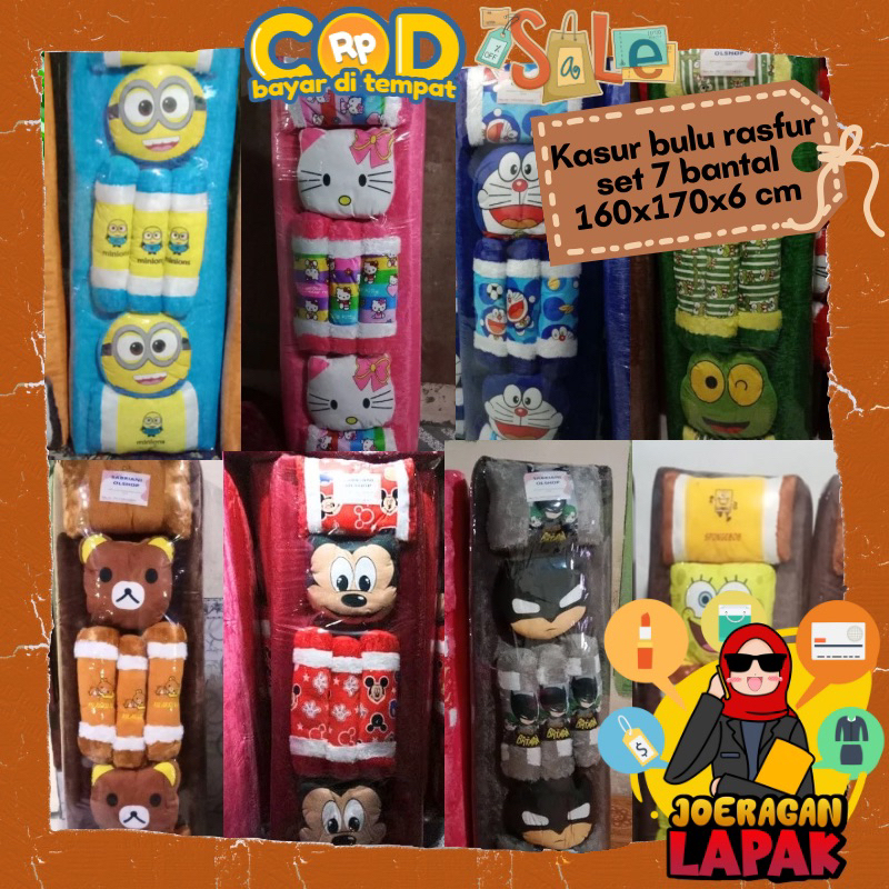 [JOERAGAN LAPAK] KASUR BULU RASFUR 7 BANTAL GULING BONEKA KARAKTER UKURAN 160x170x6 CM MINION SPONGE