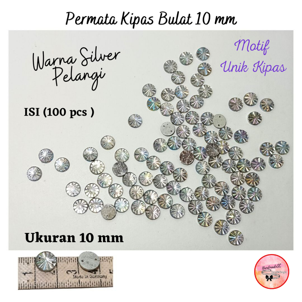 Diamond Permata Bulat Kipas Pelangi 10 mm Payet Mote Jahit Kristal 100 pcs