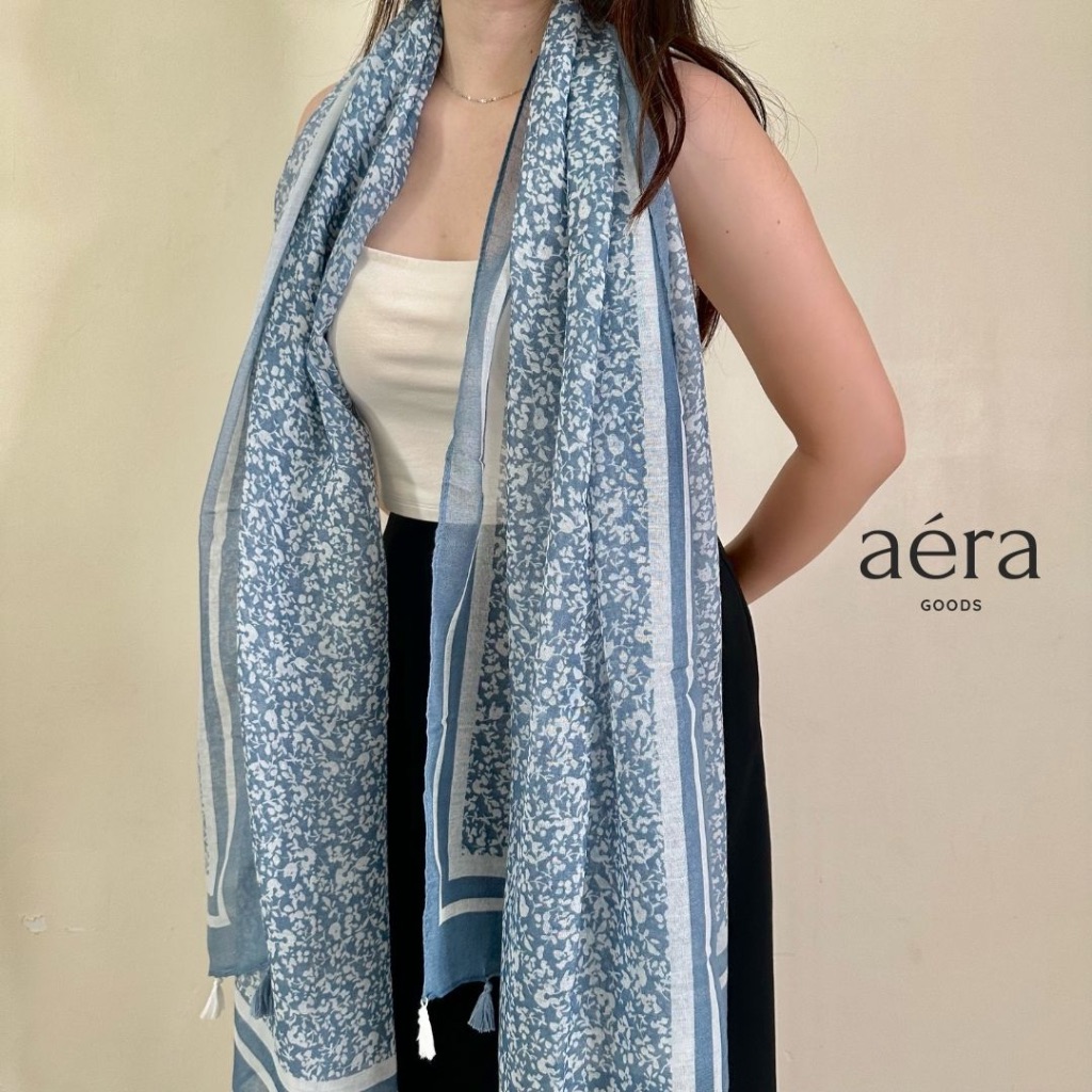 AERA Pasmina Kain Hijab Warna Stripe Biru Bunga SYL 55