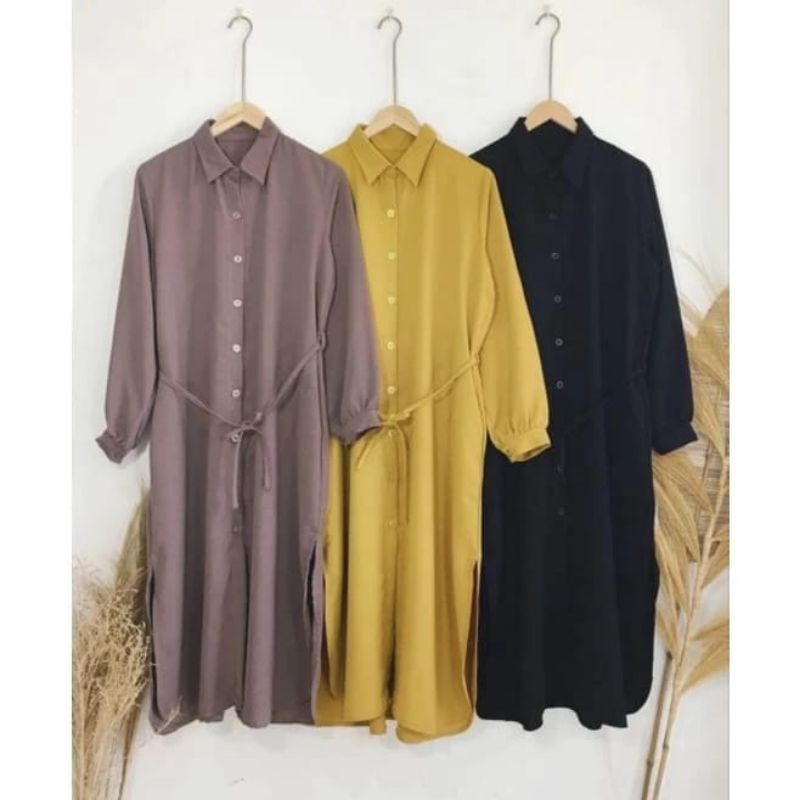 (QELLA) TUNIK POLOS BULET TALI BASIC MUSLIM KEMEJA LONG DRES JUMBO.