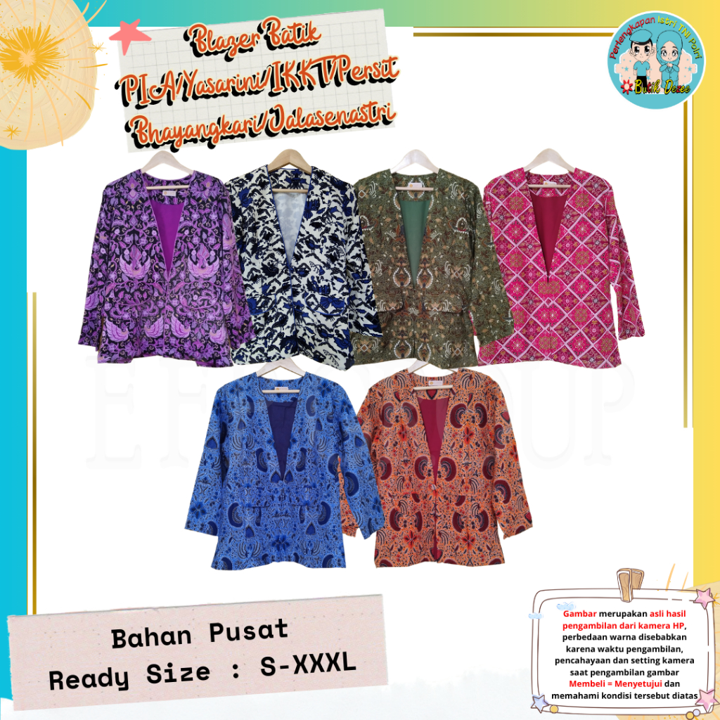 (READY STOK..) BLAZER BATIK PIA/IKKT/PERSIT/BHAYANGKARI/JALASENASTRI SUDAH JADI SIZE S-XXXL