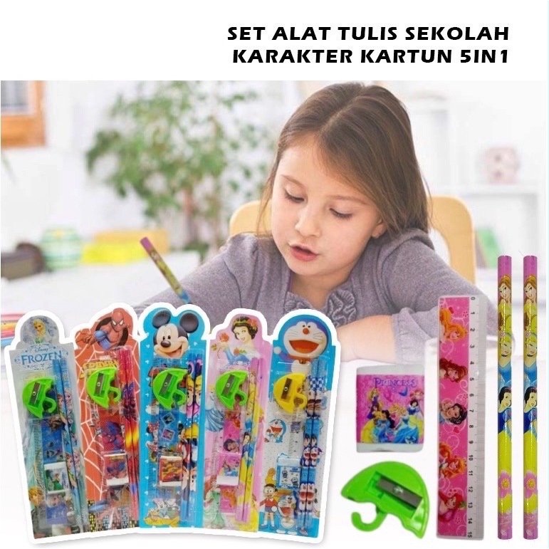 

ALAT TULIS KARAKTER SET 5IN1 / PAKET LENGKAP PENSIL PENGHAPUS RAUTAN PENGGARIS BERGAMBAR KARTUN / MINI STATIONERY SET CHARACTER ATK PERALATAN MENULIS ANAK SEKOLAH 5 IN 1 SOUVENIR HADIAH KADO MOTIF LUCU UNIK DISNEY DORAEMON FROZEN SPIDERMAN MICKEY PRINCESS