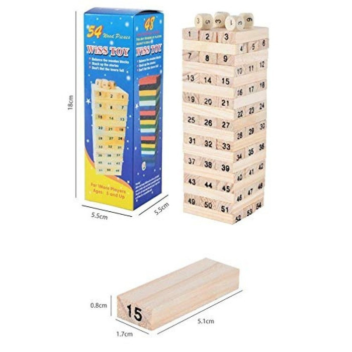 WISS TOY BESAR BALOK SUSUN KAYU 54 BLOK TINGGI 18 CM + 4 DADU