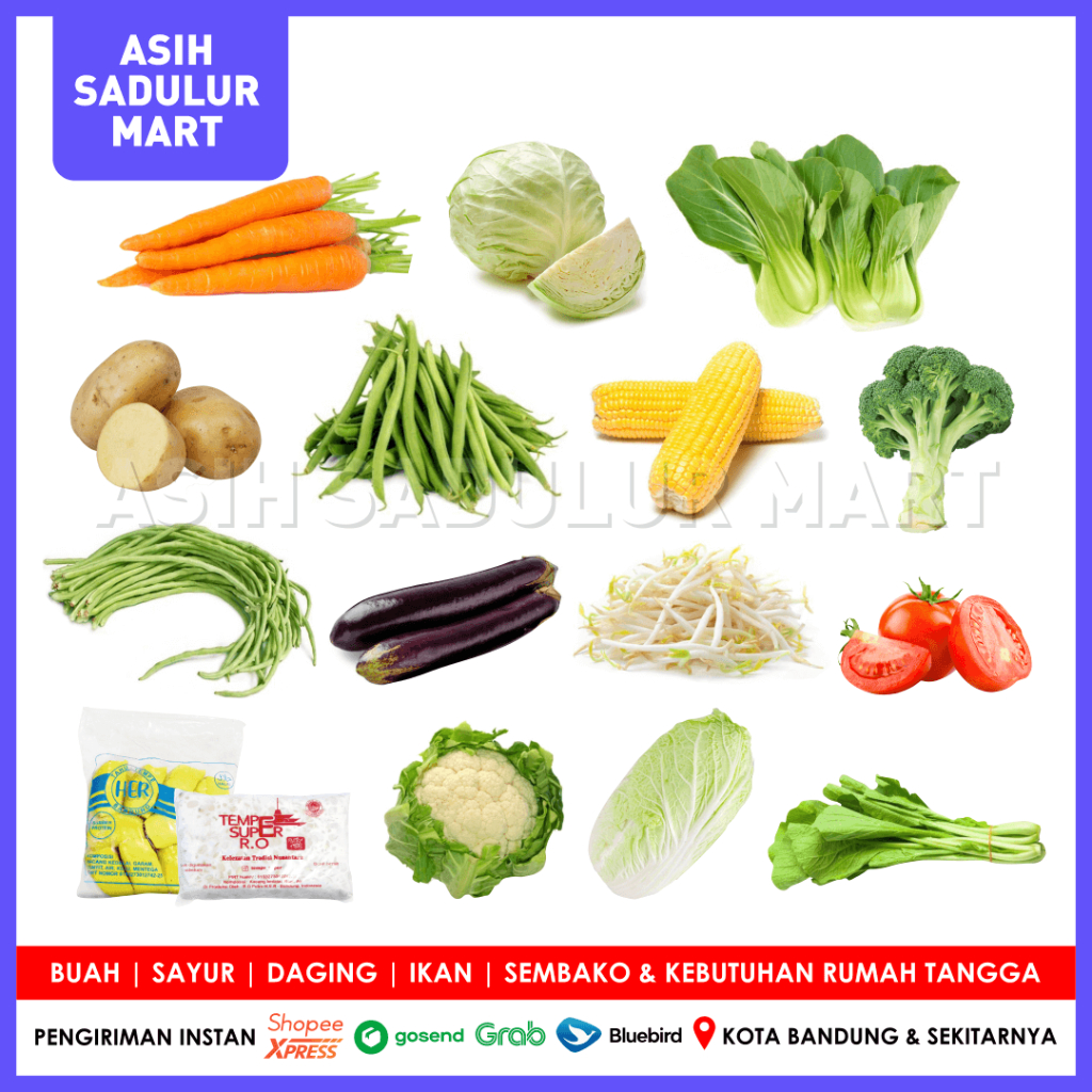 

Sayuran Fresh 500gr Brokoli / Kangkung / Bayam / Kol / Wortel / Kentang / Baby Kentang / tomat cerry / terong lalap/ Leunca Jagung / Buncis / Pakcoy / Toge / Terong / Tomat / Sawi / Lobak / Waluh / Tahu / Tempe Bandung | Asih Sadulur Mart