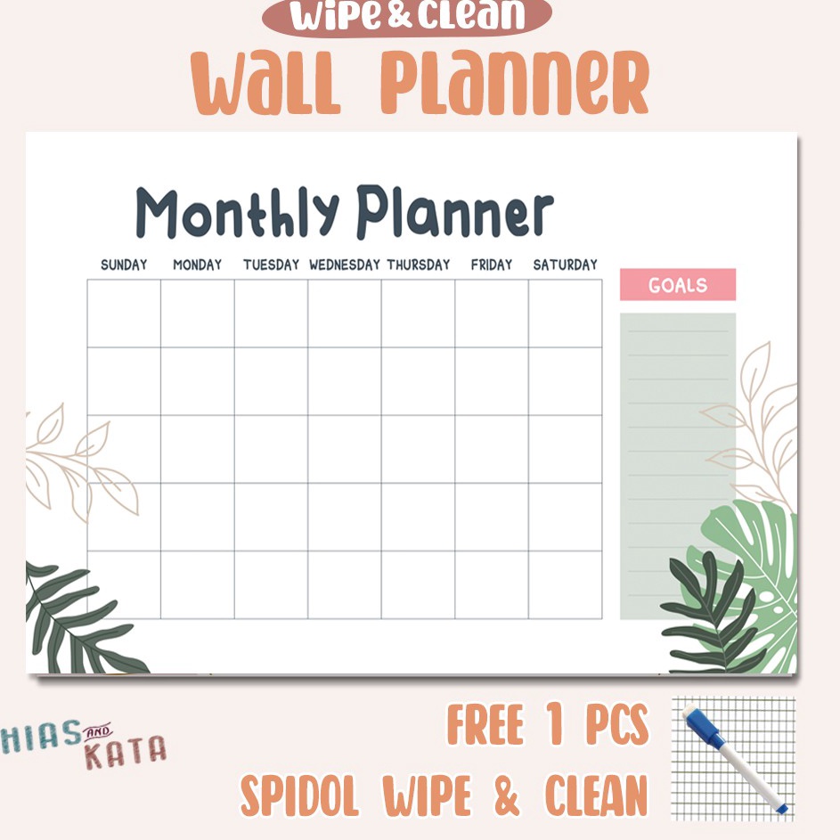 

Eksklusif wall monthly planner monthly schedule agenda an tropical A3 free 1pcs spidol wipe clean