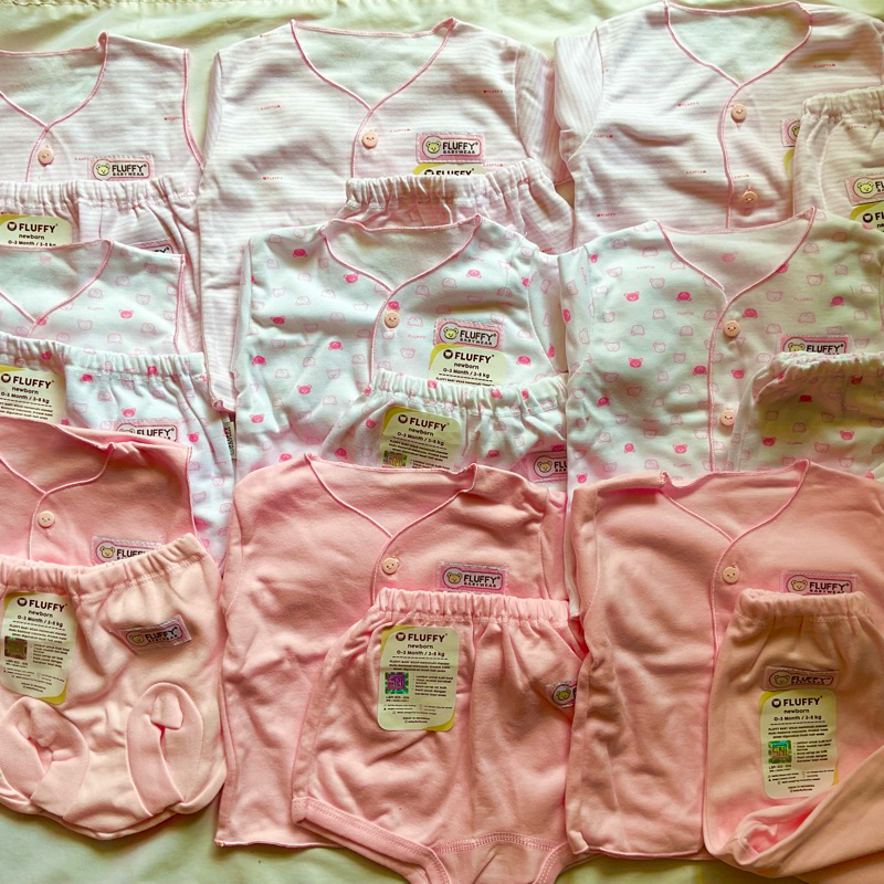 FLUFFY Paket 18 pcs // Abu Grey, Khaki, Pink // Baju Bayi Newborn 0-3, 3-6 bulan