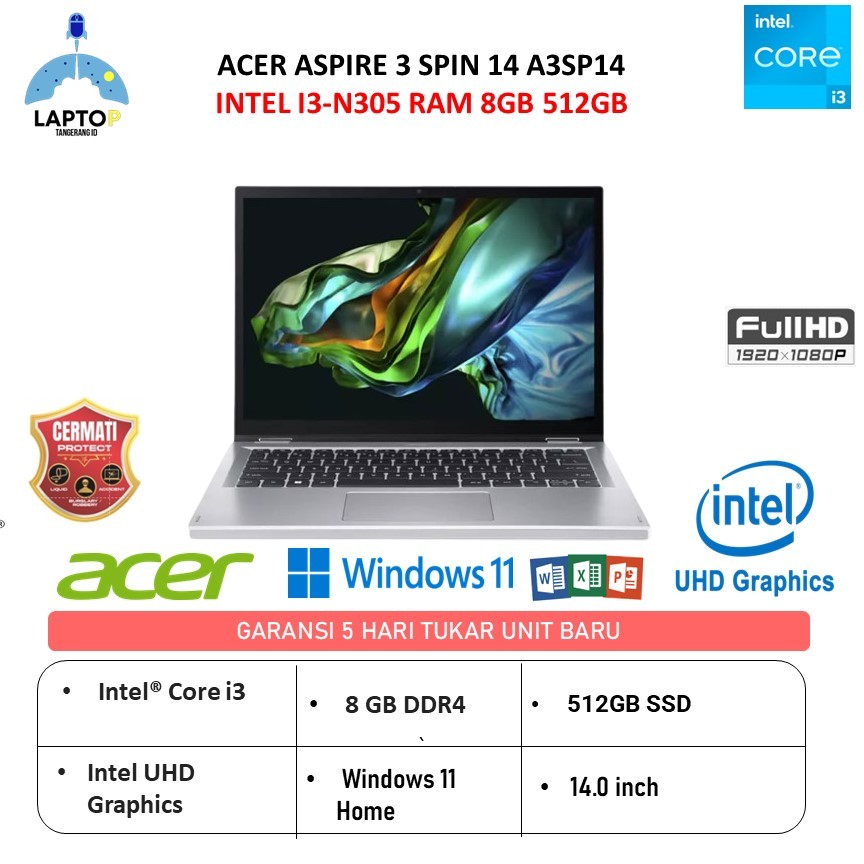 ACER ASPIRE 3 SPIN 14 A3SP14-31PT-35GN 14 INTEL I3-N305 RAM 8GB 512GB