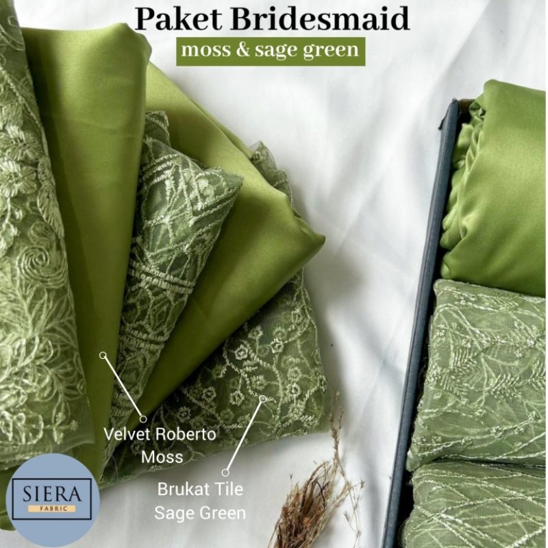 Paket Lengkap Kain Bridesmaid Premium / Kain Satin Velvet Moss + Brukat TIle Sage Green