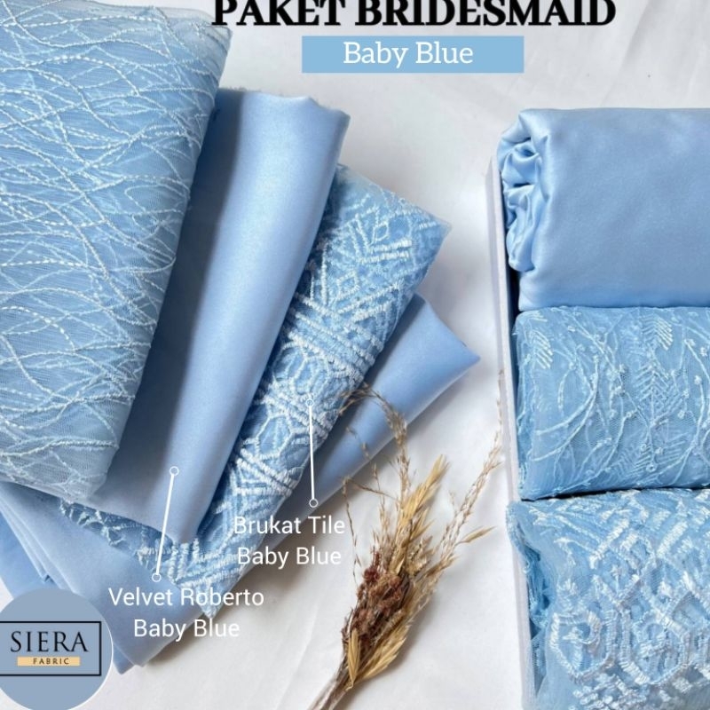 Paket Lengkap Kain Bridesmaid Premium / Kain Satin Velvet Premium Baby Blue + Kain Brukat Tile Baby 