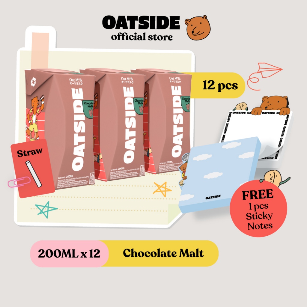 

OATSIDE Mini Oat Milk Chocolate Malt 200ml (12pcs) (Straw) + FREE Sticky Notes OATSIDE