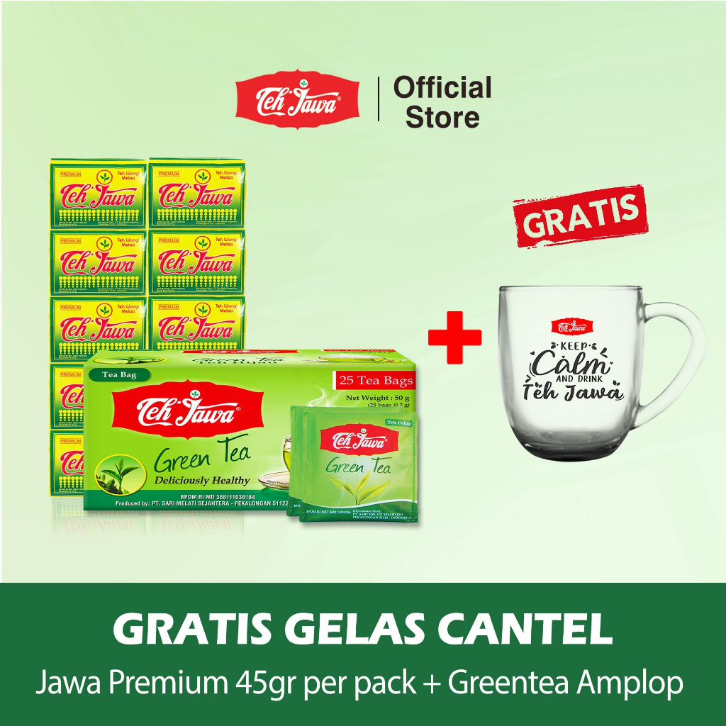 

[BUNDLING NGETEH] Teh Jawa Premium 45gr per Pack + Green Tea Enveloped 25 Tea Bags Free Gelas Cantik