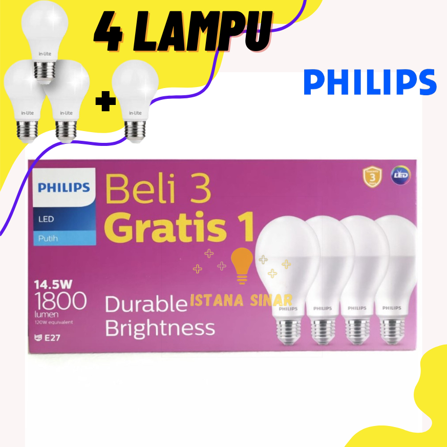Philips Lampu LED 14,5Watt, 14,5W, 14,5 Watt, 14,5 W 3Gratis1 Putih Philips Bohlam Led Philips