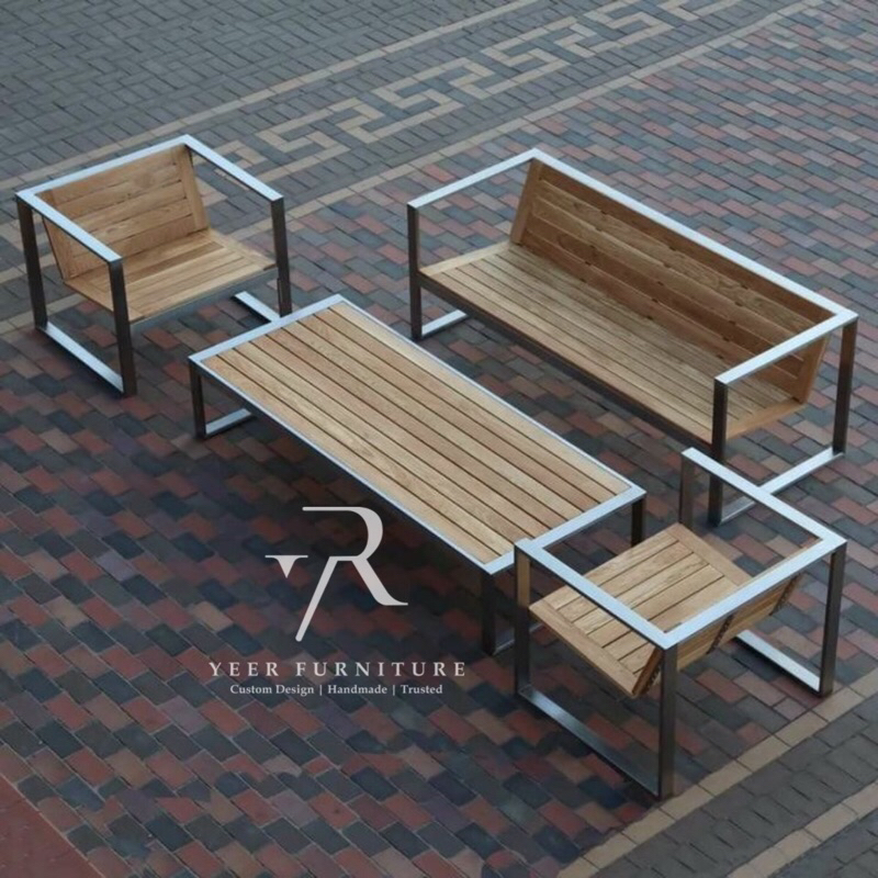 Set Meja Kursi Teras Jati Industrial Kombinasi Besi Minimalis