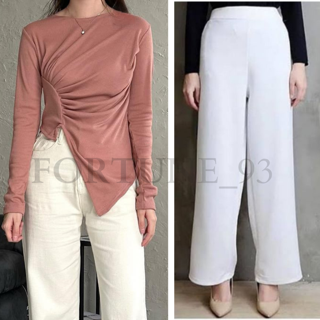 Setelan Atasan Knit Wanita- Korean Top Celana Kulot Scuba Putih Hitam - Baju Knit Wanita Lengan Panj