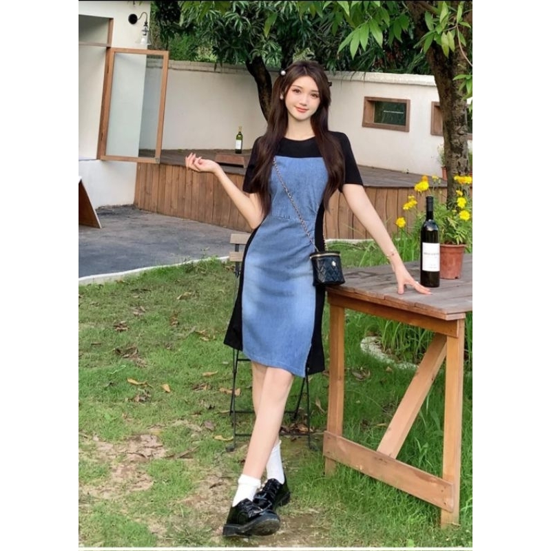 DRESS JEANS WANITA KOMBINASI LENGAN PENDEK