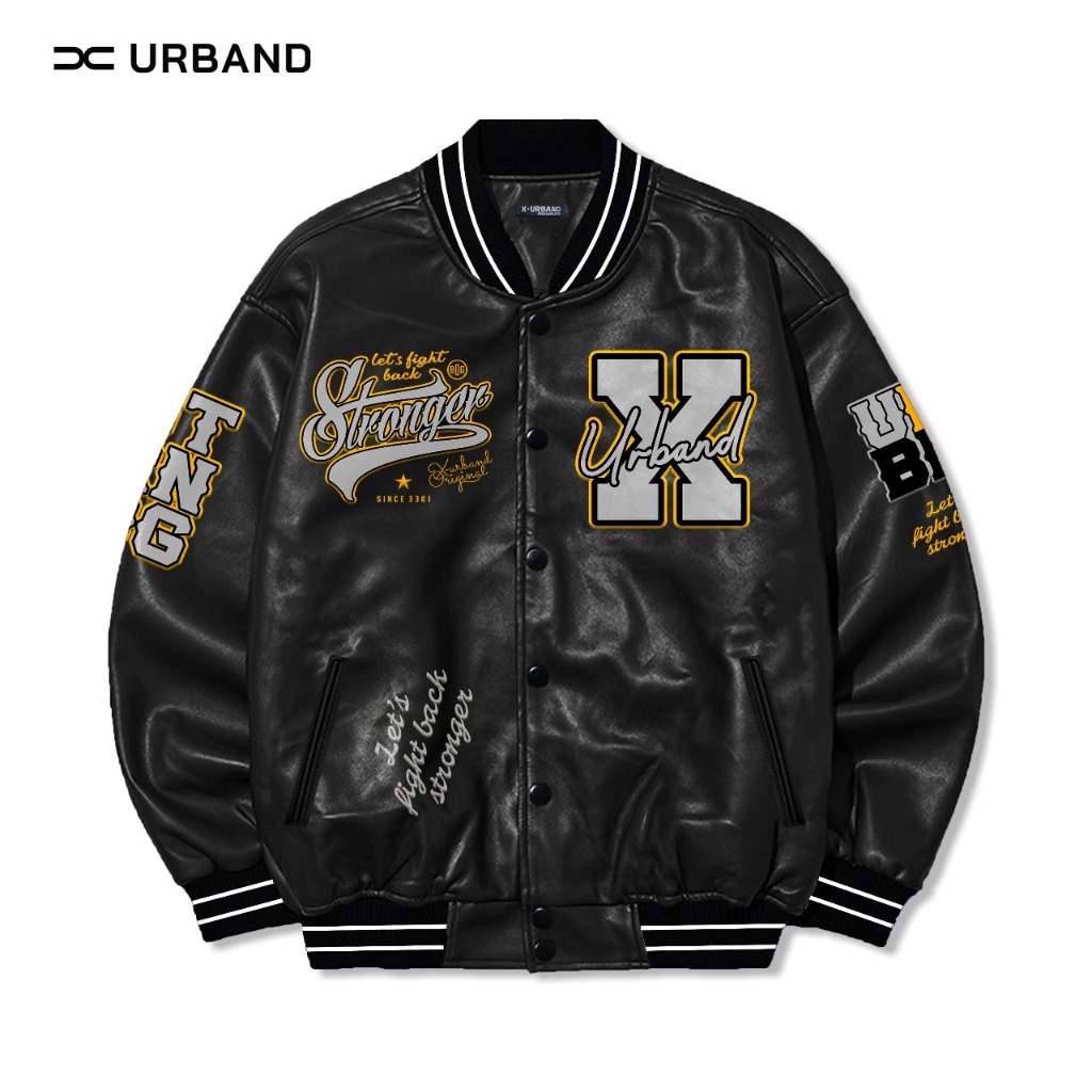 Varsity Kulit Sintetis Jaket Varsity Kulit Sintetis Bomber Pria